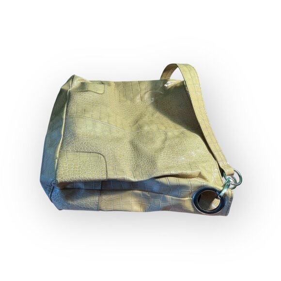 Croc-Embossed Beige Faux Leather Shoulder Bag With Detachable Strap & Silver-Ton - Picture 5 of 5